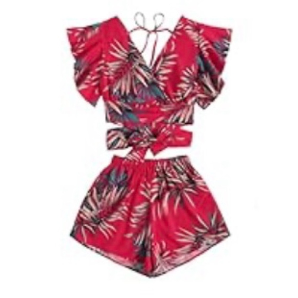 SweatyRocks Women's 2 Piece Boho Butterfly Sleeve Knot Front Crop